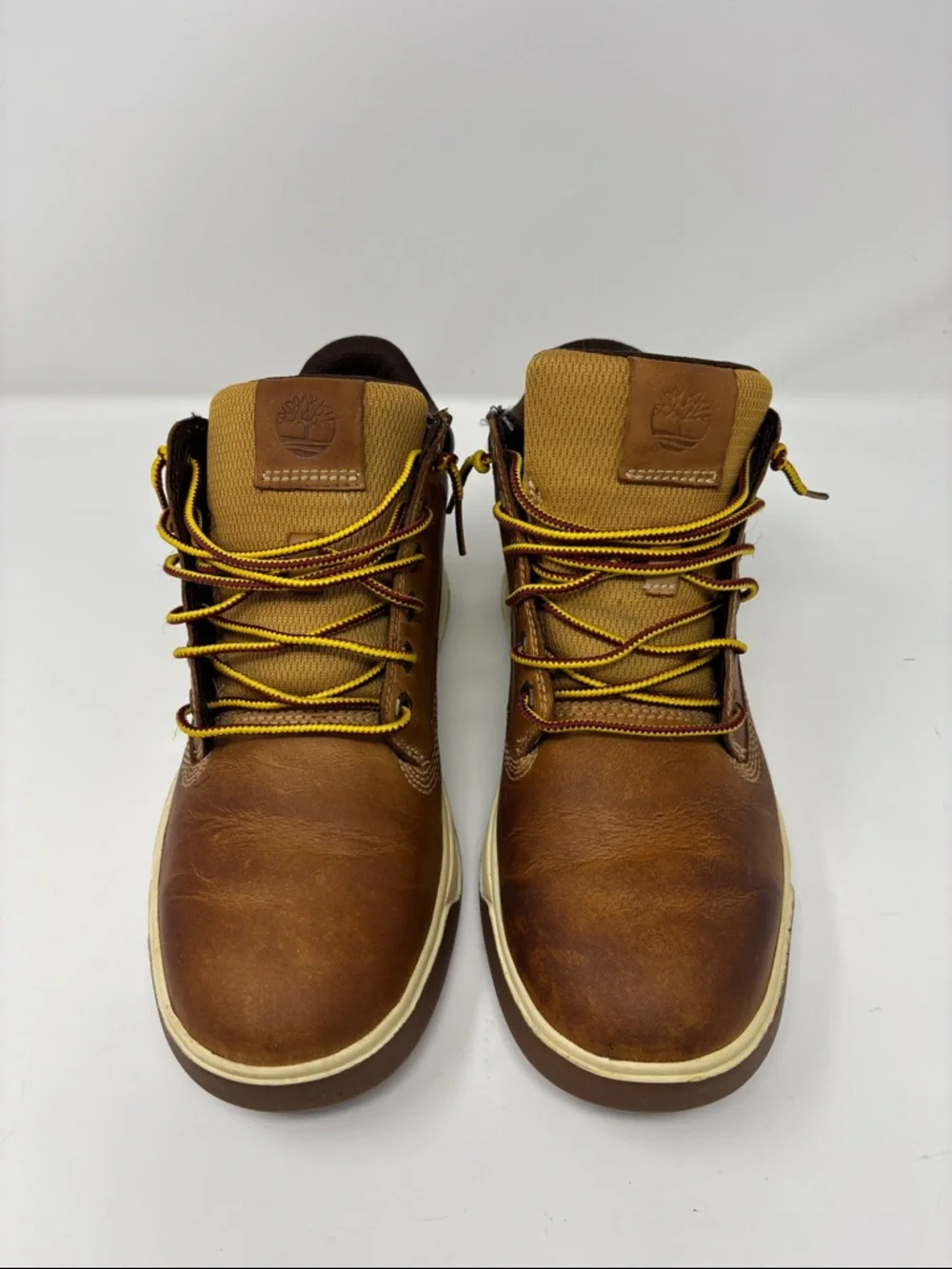 Timberland Brown Leather Chukka Boots with Cream Midsole and Yellow Laces 7